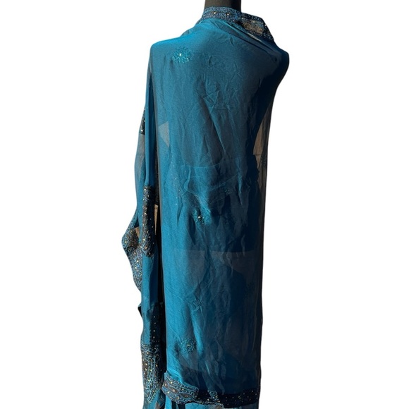 Teal chiffon women’s multi use skirt/shawl. OS W/ black gold ribboned edge - Picture 2 of 5